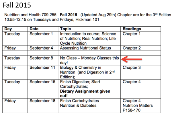 Class Schedule to Sept 18